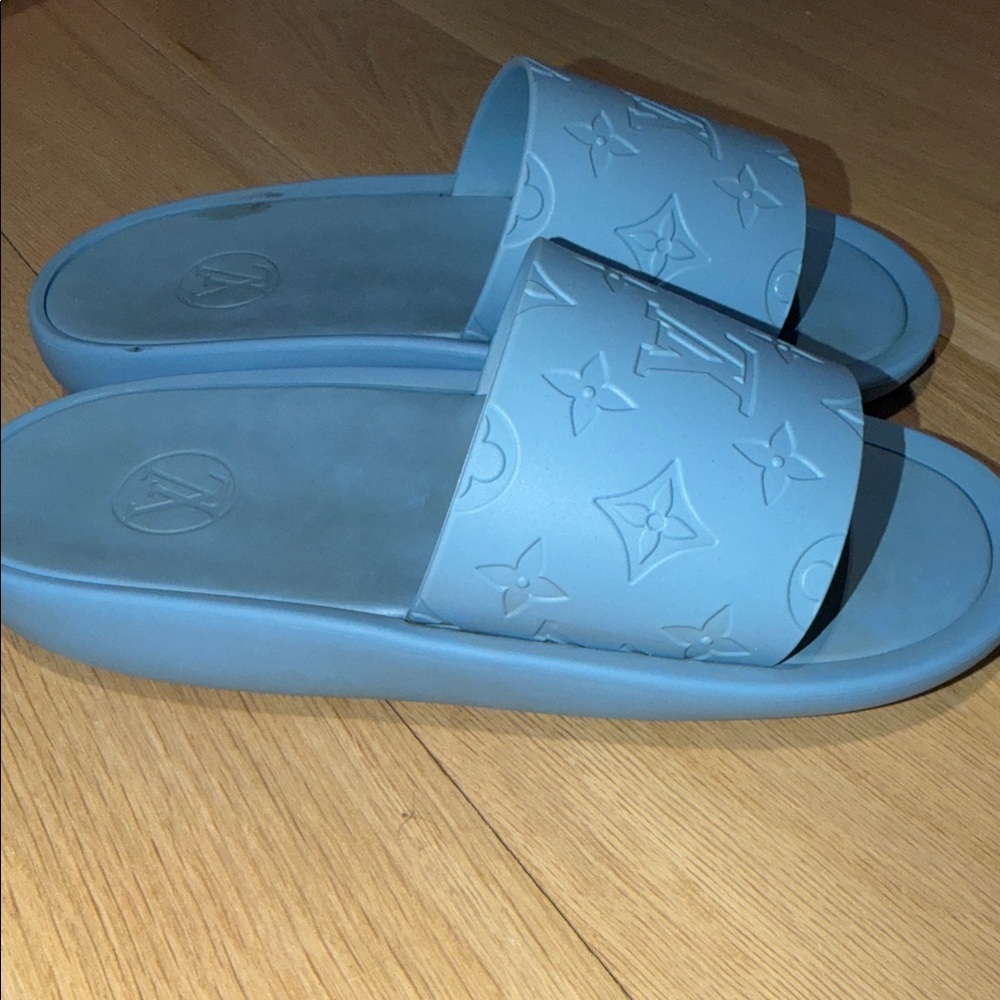 Louis Vuitton Light Blue Embossed Slides - Picture 2 of 3